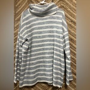 Loft Women's Turtleneck Gray and White Striped Sweater,Size Large